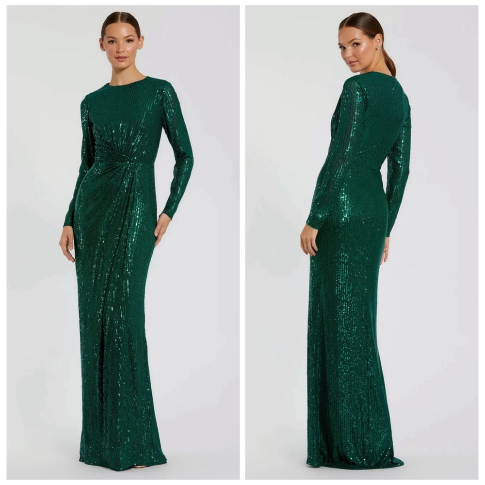 Green Sequined Long Sleeve Side Knot Gown - Mac Duggal
